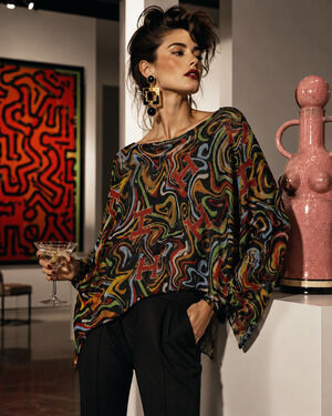 Free For Humanity Italy OS Graffiti Sweater Metallic Abstract Dolman Art to Wear